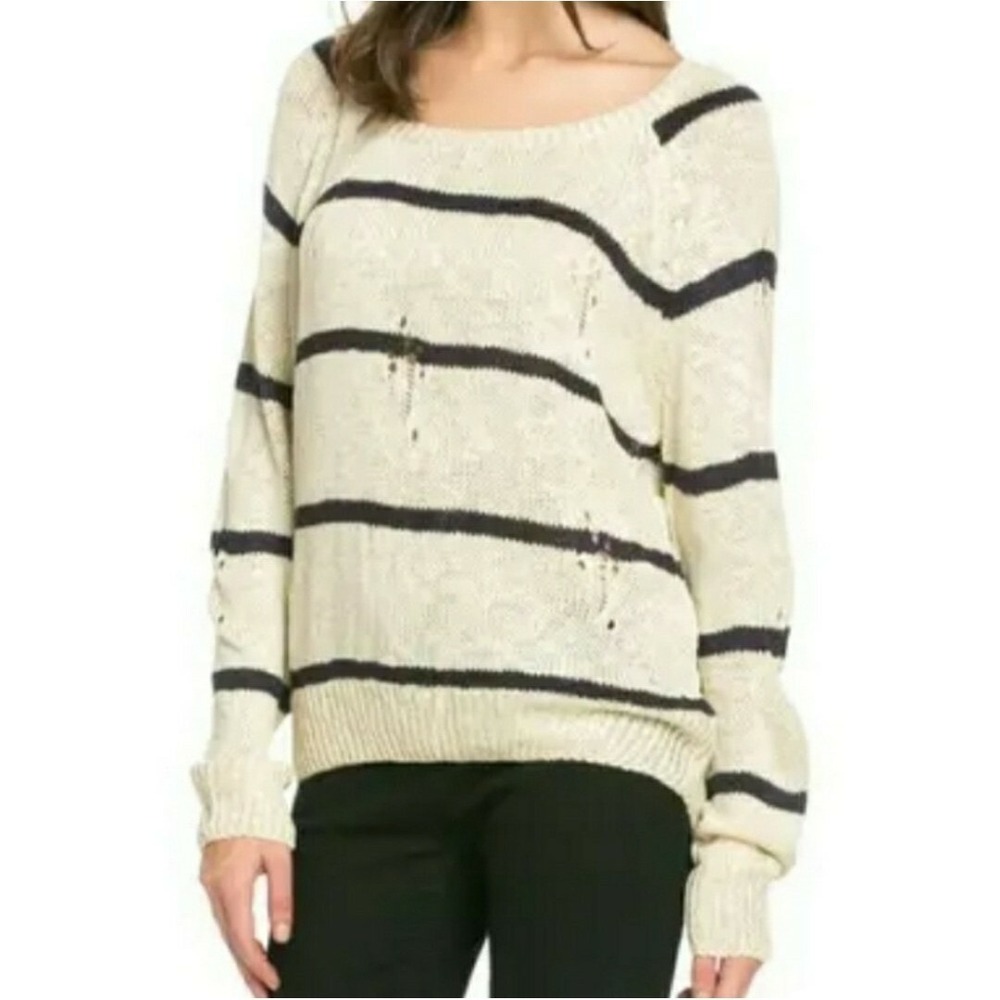 HIPPIE LOVE College Ruled Distressed Cotton Sweater Women Sz M Navy Ivory Stripe